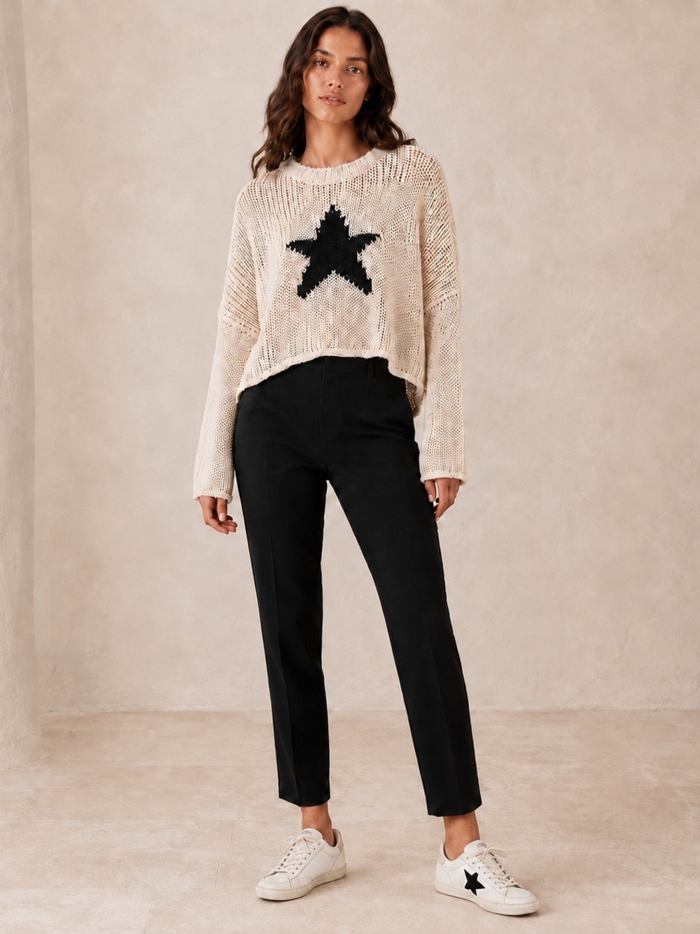 Edikted Cream Cropped Knit Sweater with Black Star